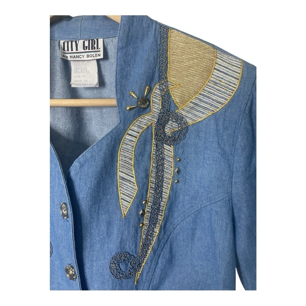 Vintage Blue Denim Button-Up Shirt with Gold Embellishments -10 - Picture 4 of 9